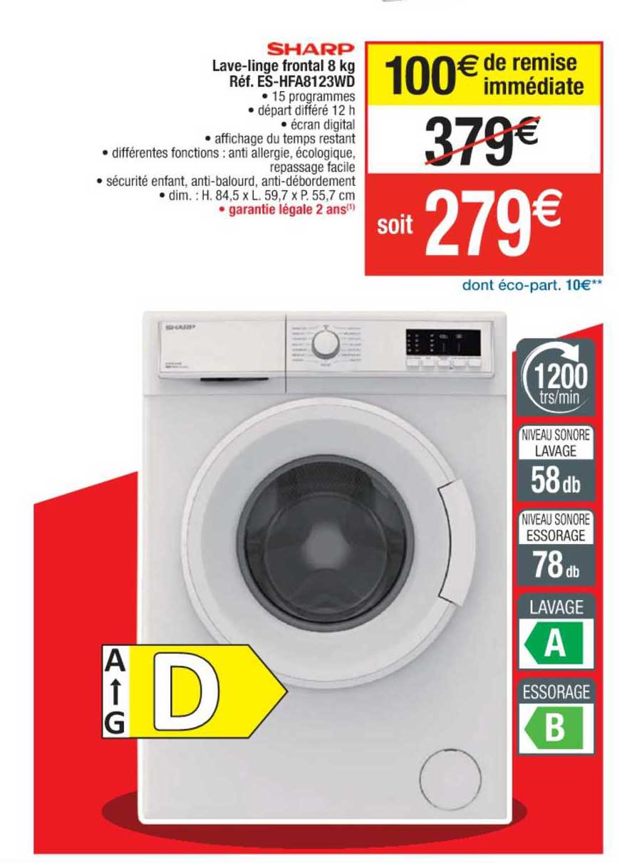 sharp lave-linge frontal 8 kg réf. es-hfa8123wo