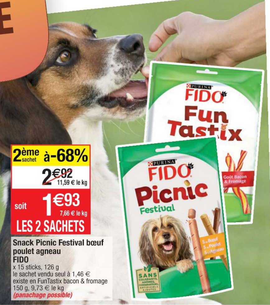 snack picnic festival bœuf poulet agneau fido 2ème sachet à -68%