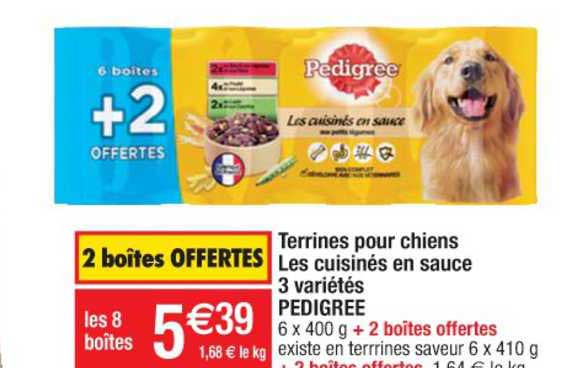 terrines pour chiens les cuisinés en sauce 3 variétés pedigree 2 boîtes offertes