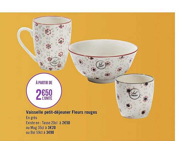 vaisselle petit-déjeuner fleurs rouges
