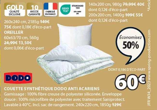 couette synthétique dodo anti acariens, oreiller