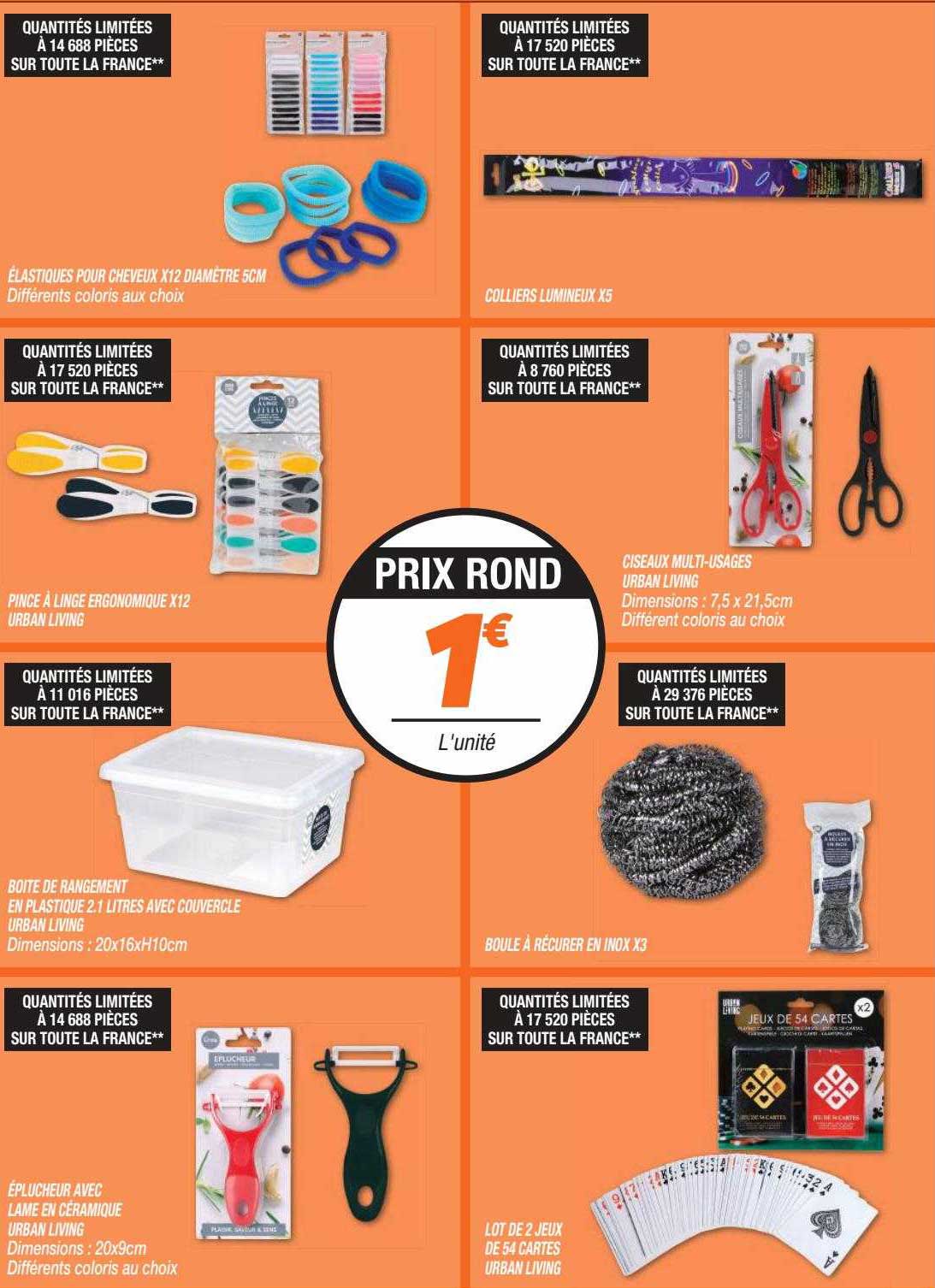 élastique pour cheveux x12 diamètre 5 cm, colliers lumineux x5, pince à linge ergonomique x12 urban living, ciseaux multi-usages, boîte de rangement en plastique, boule à récurer en inox x3, éplucheur