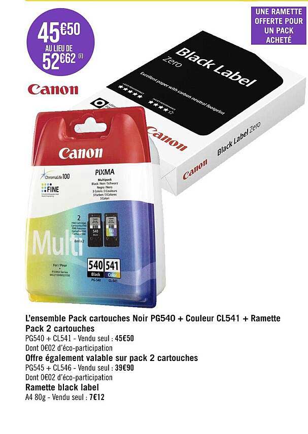 l'ensemble pack cartouches noir pg540 + couleur cl541 + ramette pack 2 cartouches