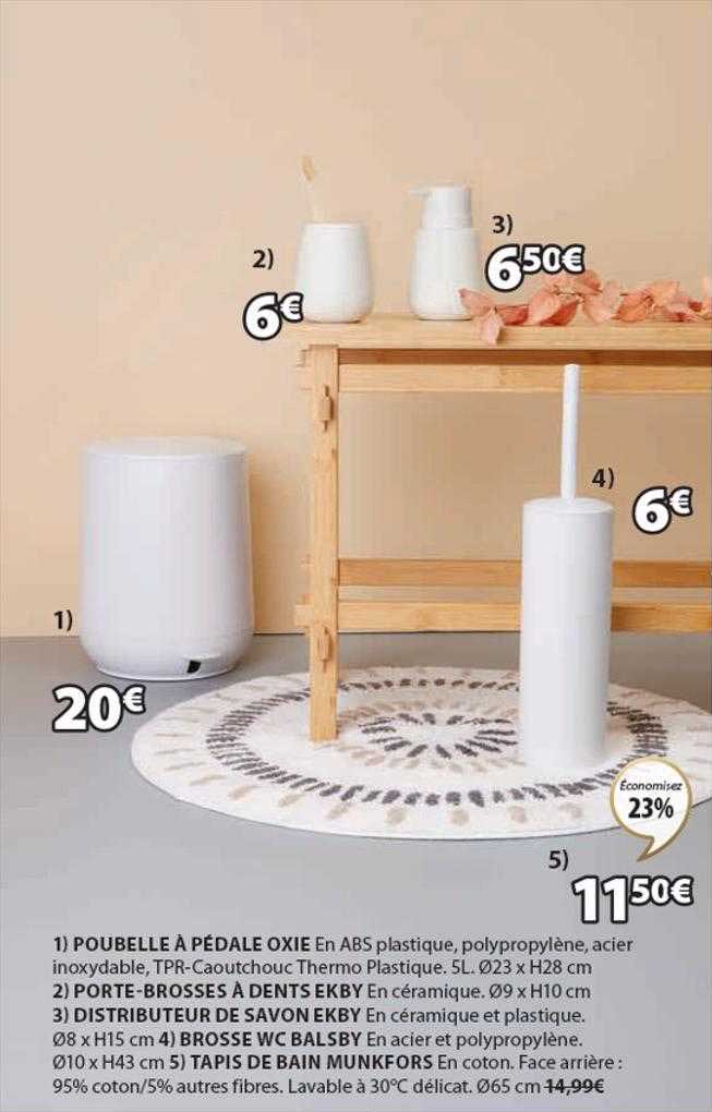 poubelle à pédale oxie, porte-brosses à dents ekby, distributeur de savon ekby, brosse wc balsby, tapis de bain munkfors