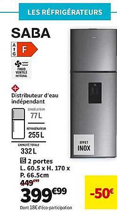 réfrigérateurs 2 portes l. 60.5 x h. 170 x p. 66.5 cm