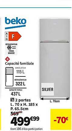 réfrigérateurs 2 portes l. 70 x h. 185 x p. 65.5 cm