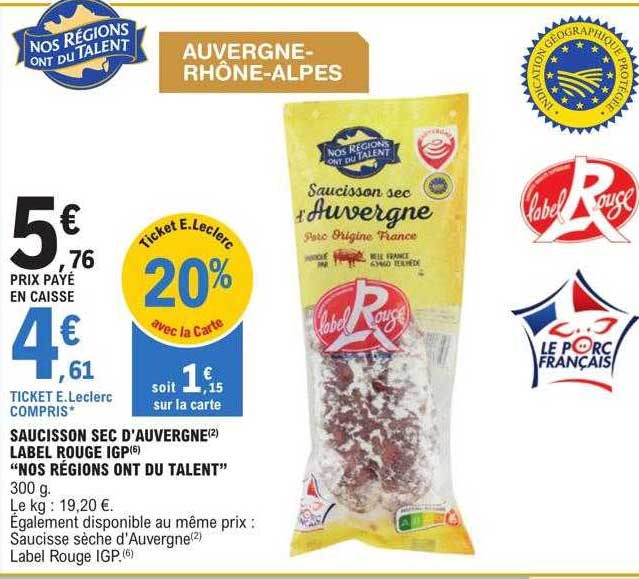 saucisson sec d'auvergne label rouge igp "nos régions ont du talent"