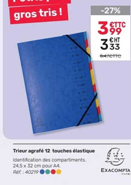 trieur agrafé 12 touches élastique exacompta