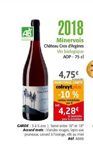 2018 minervois château cros d'argères vin biologique aop