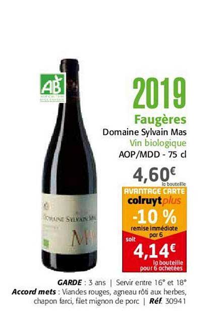 2019 Faugères Domaine Sylvain Mas Vin Biologique Aop Mdd