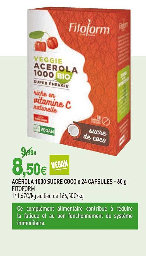 veggie acérola 1000 bio sucre de coco x 24 capsules fitoform vegan