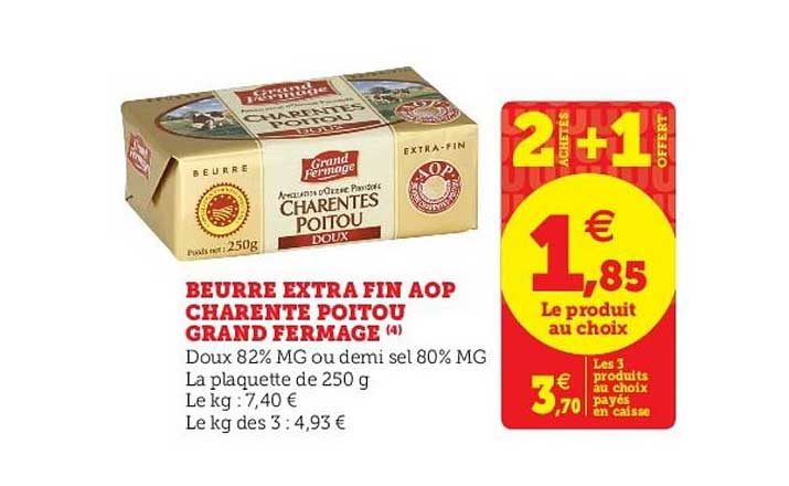 beurre extra fin aop charente poitou grand fermage 2 achetés + 1 offert
