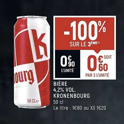 bière 4.2% vol. kronembourg -100 sur le 3ème