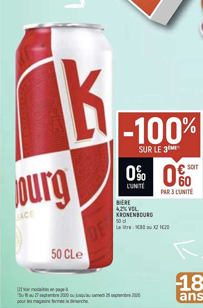 bière 4.2% vol. kronenbourg -100 sur le 3ème
