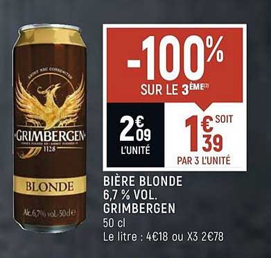 bière blonde 6.7% vol. grimbergen -100 sur le 3ème