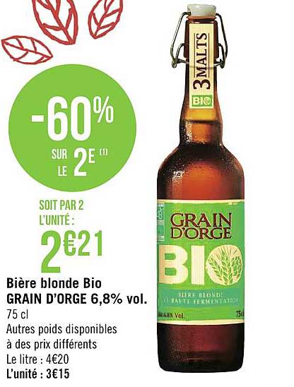 bière blonde bio grain d'orge 6.8% vol. -60% sur le 2e