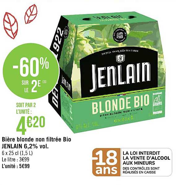 bière blonde non filtrée bio jenlain 6.2% vol. -60% sur le 2e