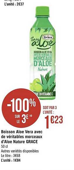 boisson aloe vera avec de véritables morceaux d'aloe nature grace -100% sur le 3e