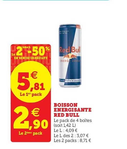 boisson énergisante red bull le 2ème -50% en remise immédiate