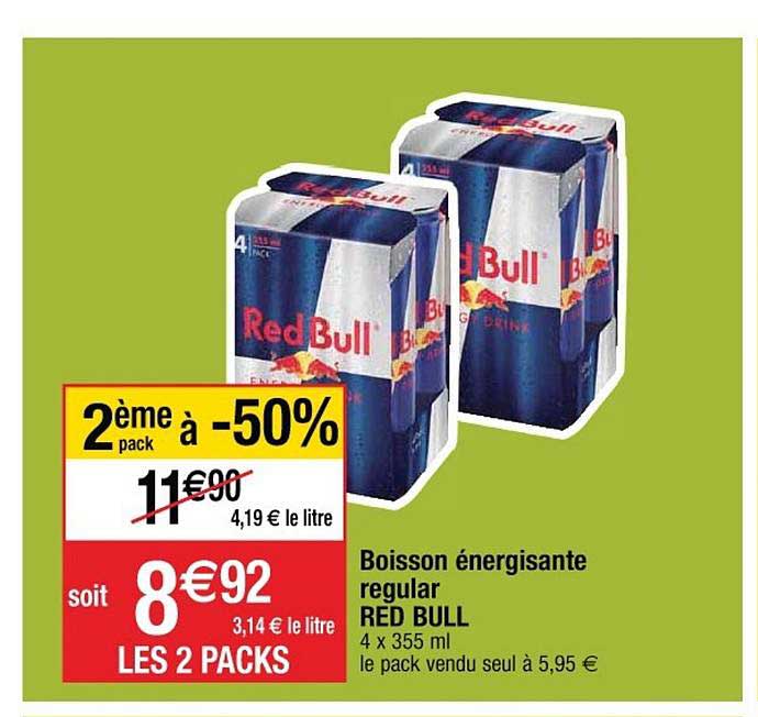 boisson énergisante regular red bull 2ème pack à -50%