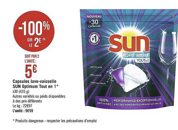 capsules lave vaisselle sun optimum tout en 1 -100% sur le 2e