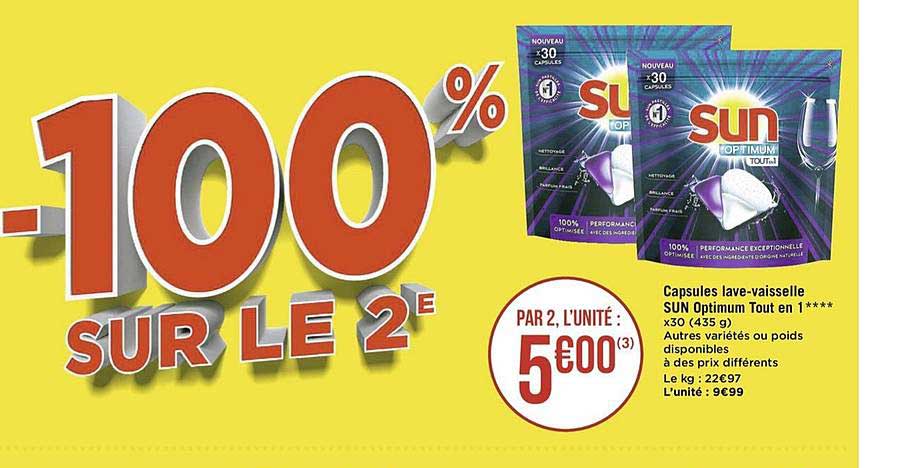 capsules lave vaisselle sun optimum tout en 1 -100% sur le 2e