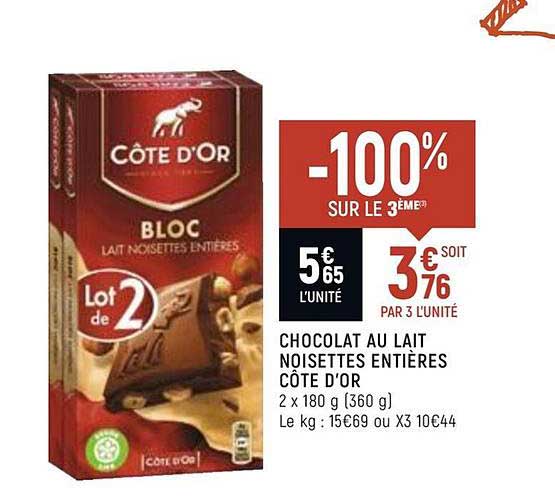 chocolat au lait noisettes entières côte d'or -100 sur le 3ème