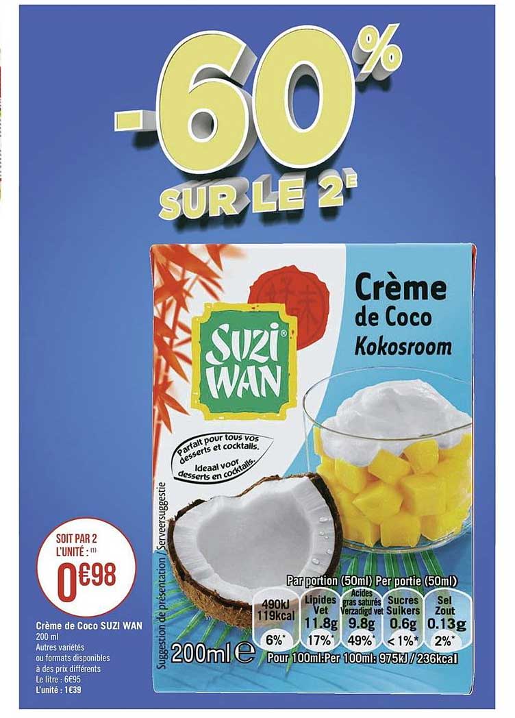 crème de coco suzi wan -60% sur le 2e