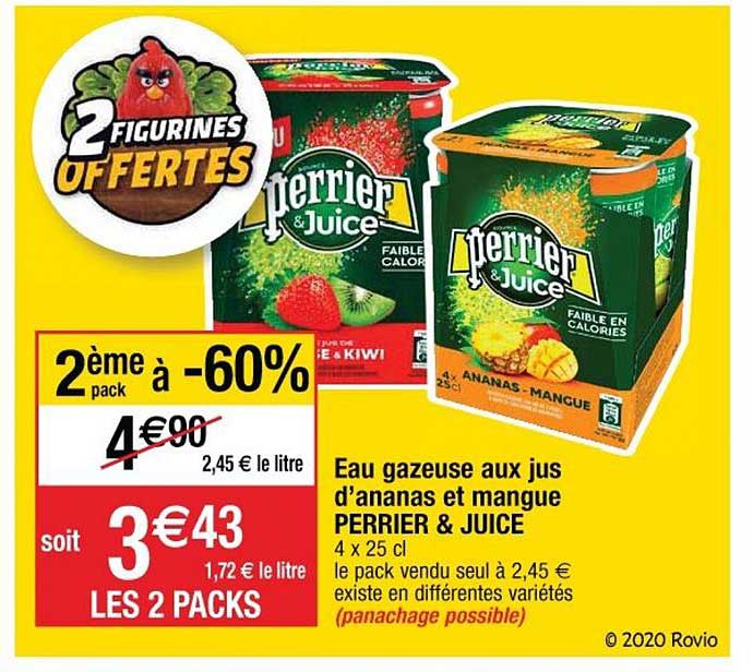 eau gazeuse aux jus d'ananas et mangue perrier & juice 2ème pack à -60%