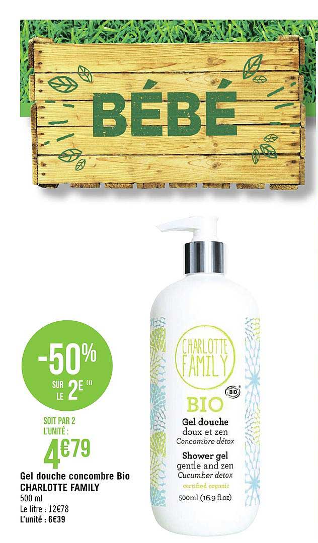 gel douche concombre bio charlotte family -50% sur le 2e