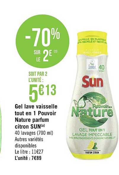gel lave vaisselle tout en 1 pouvoir nature parfum citron sun -70% sur le 2e