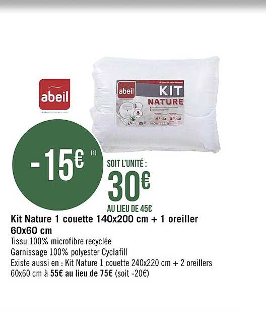 kit nature 1 couette 140x200 cm + 1 oreiller 60x60 cm abeil