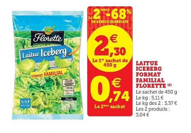 laitue iceberg format familial florette le 2ème -68% en remise immédiate