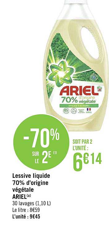 lessive liquide 70% d'origine végétale ariel -70% sur le 2e