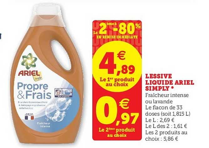 lessive liquide ariel simply le 2ème -80% en remise immédiate