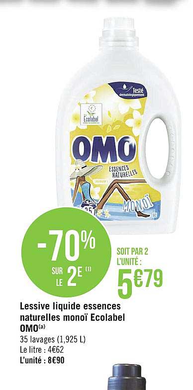 lessive liquide essences naturelles monoï ecolabel omo -70% sur le 2e