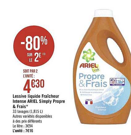 lessive liquide fraîcheur intense ariel simply propre & frais -80% sur le 2e