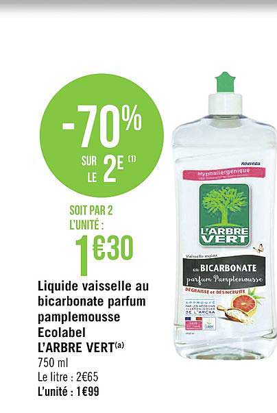 Liquide Vaisselle Au Bicarbonate Parfum Pamplemousse Ecolabel L'arbre Vert -70% Sur Le 2e
