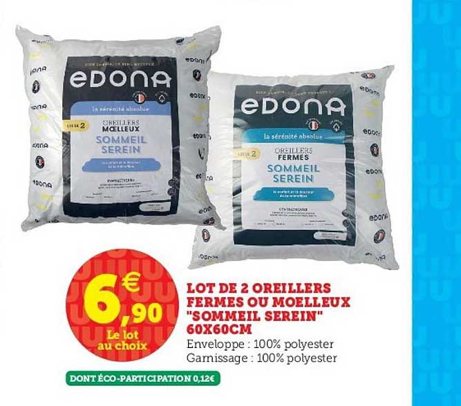 lot de 2 oreillers fermes ou moelleux "sommeil serein" 60x60cm