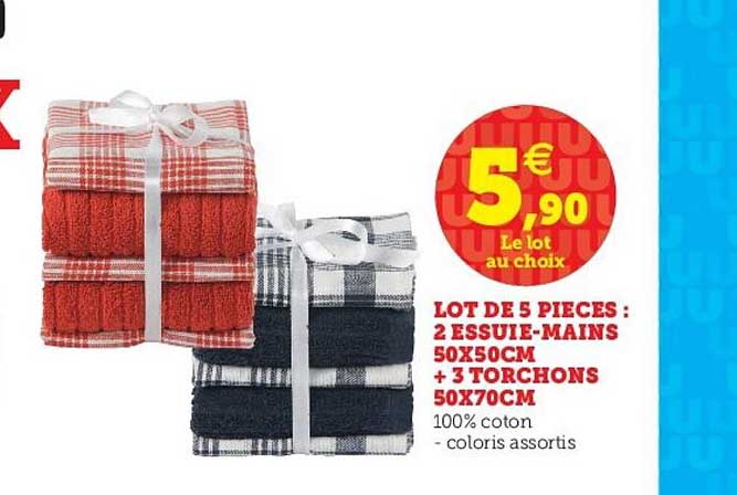lot de 5 pièces : 2 essuie mains 50x50cm + 3 torchons 50x70cm
