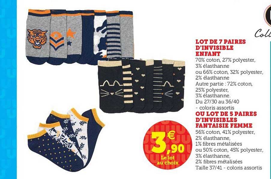 lot de 7 paires d'invisible enfant ou lot de 5 paires d'invisibles fantaisie femme