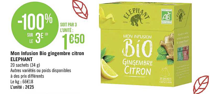 mon infusion bio gingembre citron elephant -100% sur le 3e