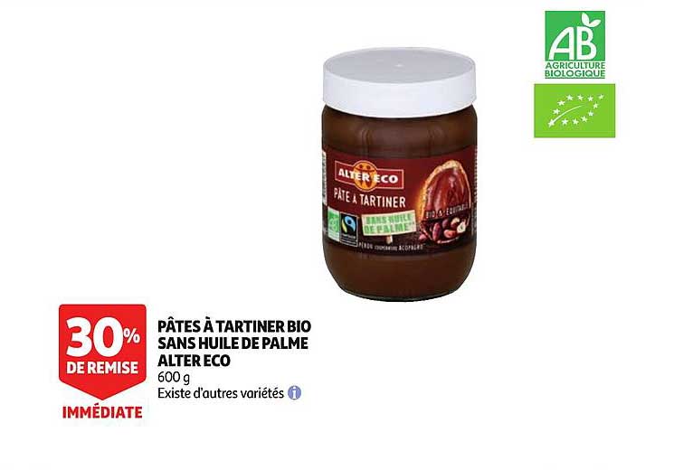 pâtes à tartiner bio sans huile de palme alter eco 30% de remise immédiate