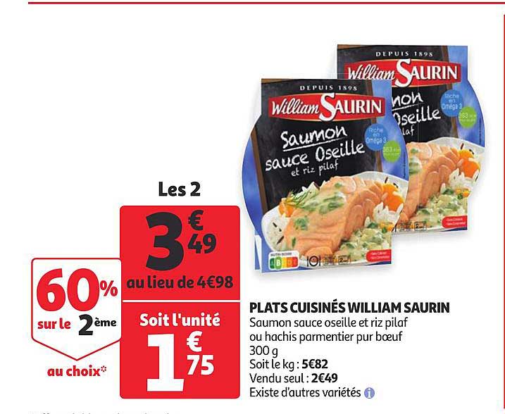 plats cuisinés william saurin 60% sur le 2ème au choix