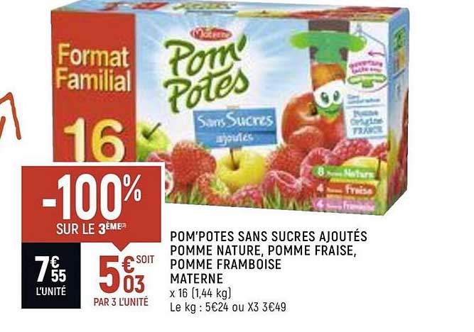 pom'potes sans sucres ajoutés pomme nature pomme fraise pomme framboise materne -100 sur le 3ème