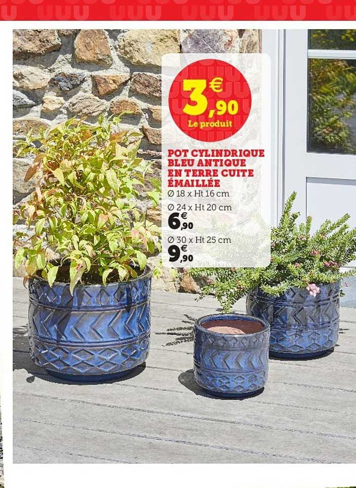 pot cylindrique bleu antique en terre cuite émaillée