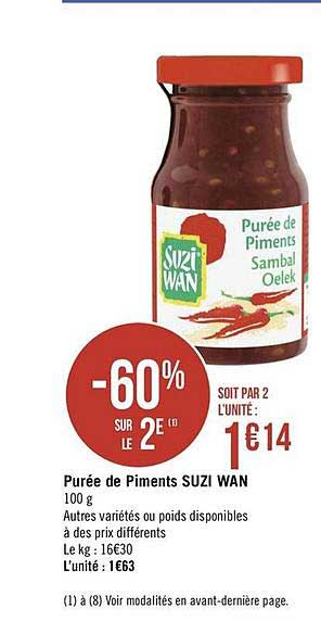 purée de piments suzi wan -60% sur le 2e