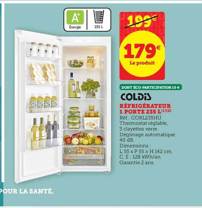 réfrigérateur 1 porte 235 l coldis