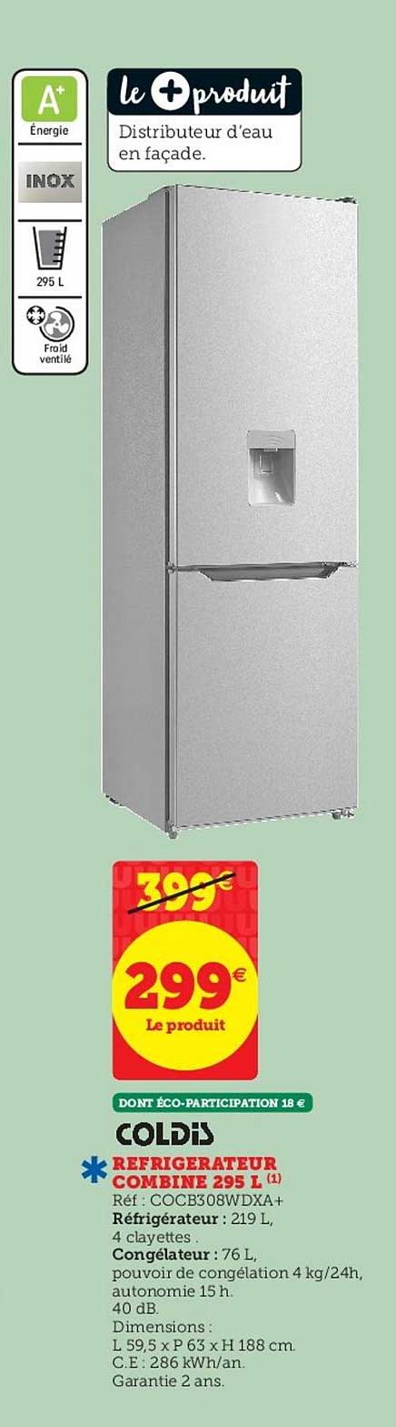 réfrigérateur combiné 295 l coldis
