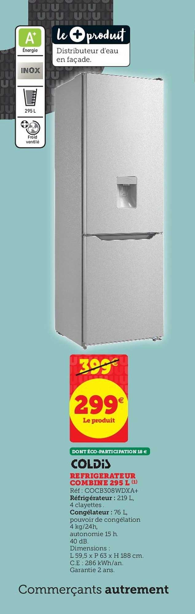 réfrigérateur combiné 295 l coldis
